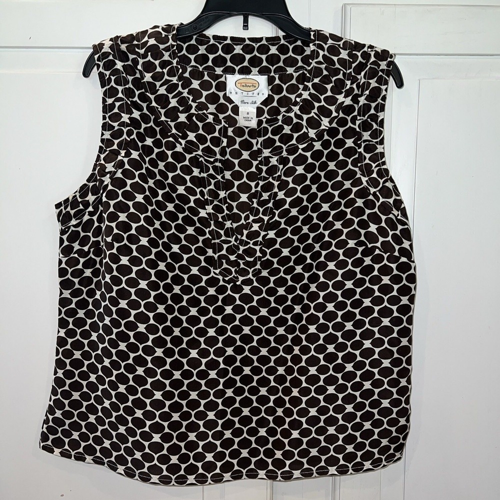 TALBOT's Petites 8 Women's Silk Tank Brown/White Split V-neck Neck Top Side Zip